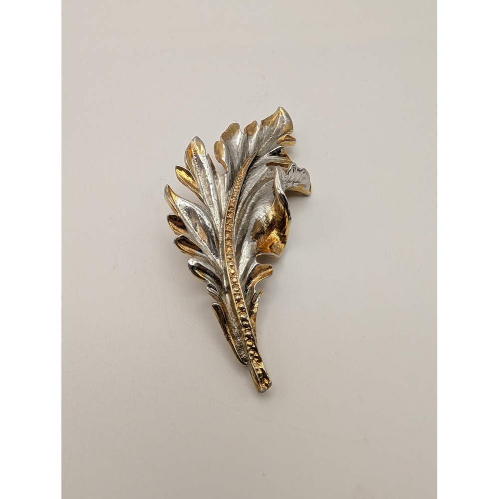 Vintage Two Tone Silver Gold Leaf Brooch Rhinestone Pave Nature Pin Unsigned
